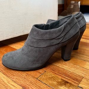 Like new gray suede booties, zip up, only worn once, padded insole for comfort